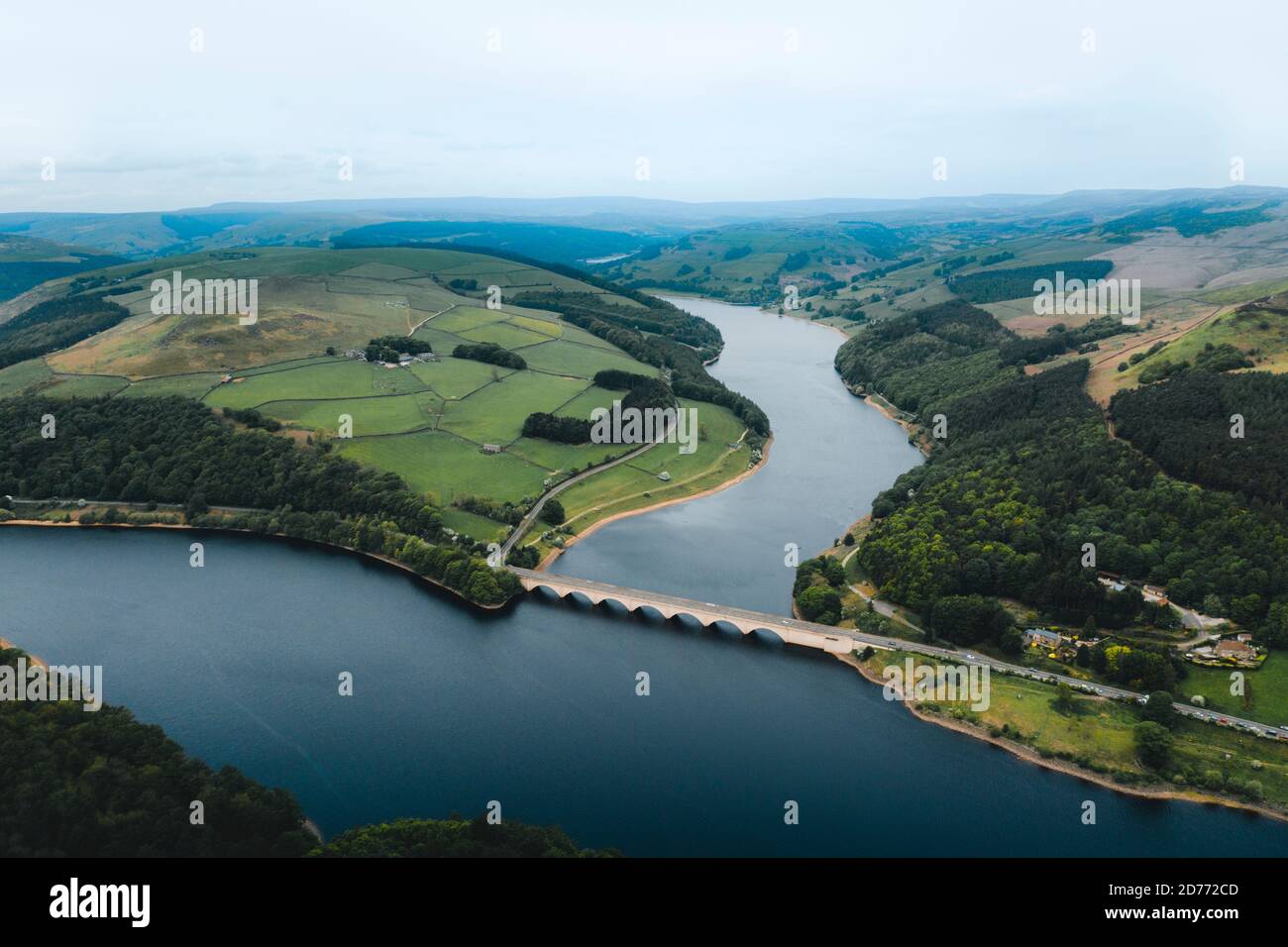 Aerial view wtih beautiful green landscape Derwent Dam, snake road bridge  Peak District Stock Photo - Alamy