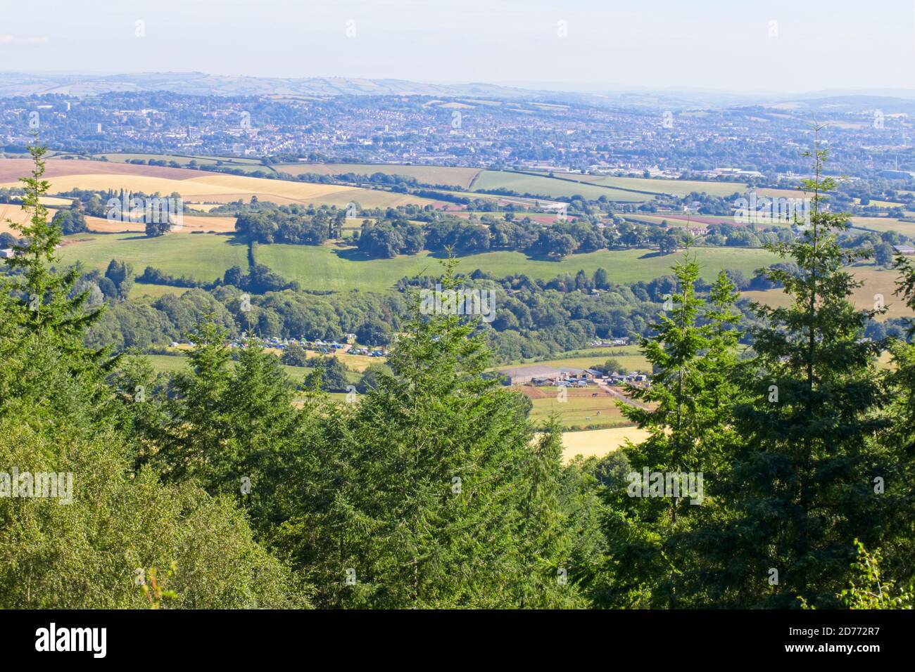 A view across Devonish farmland towards Exeter from Haldon Forest, Devon, England, UK. Stock Photo