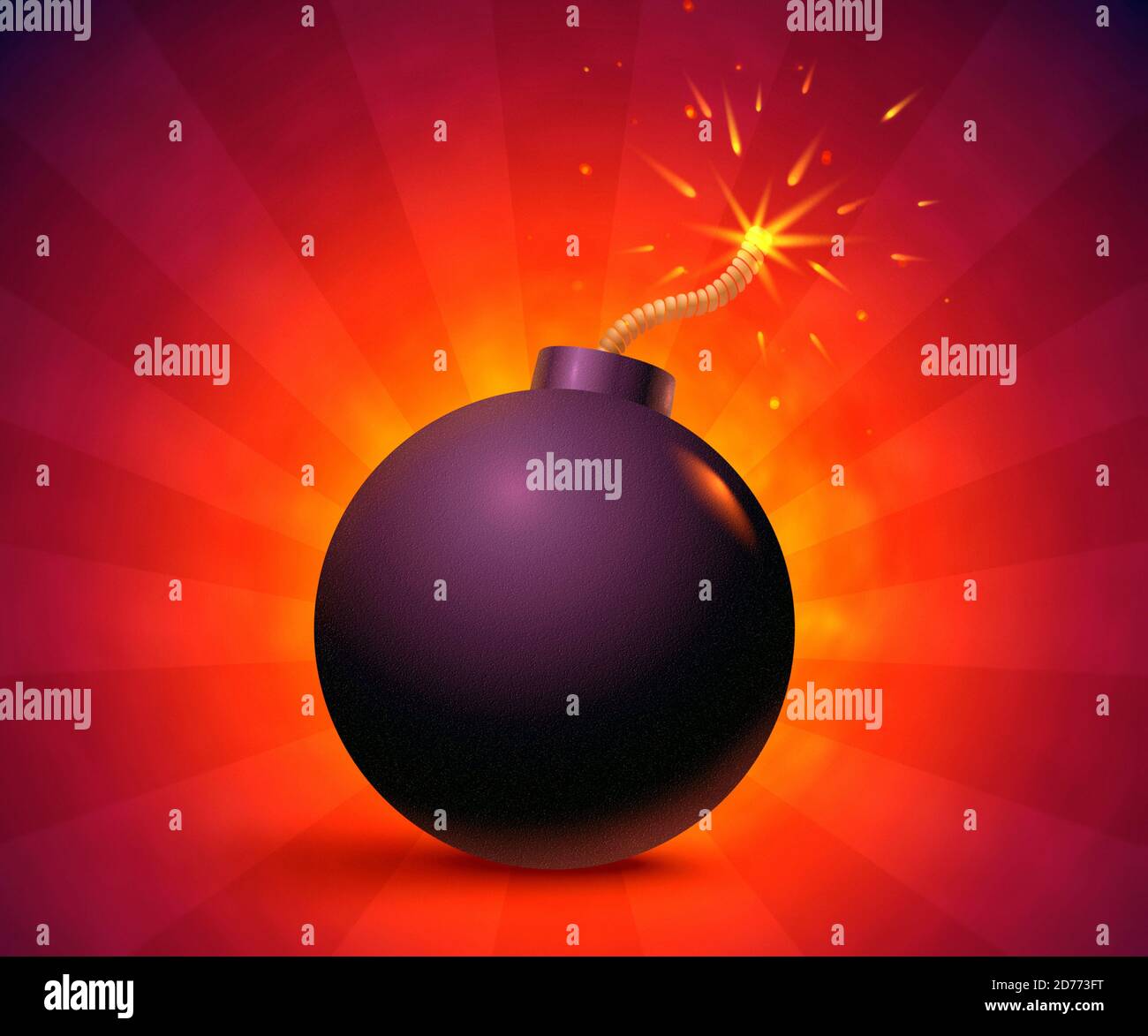 Illustration of a bomb with sparks. Black bomb on orange background. Stock Photo