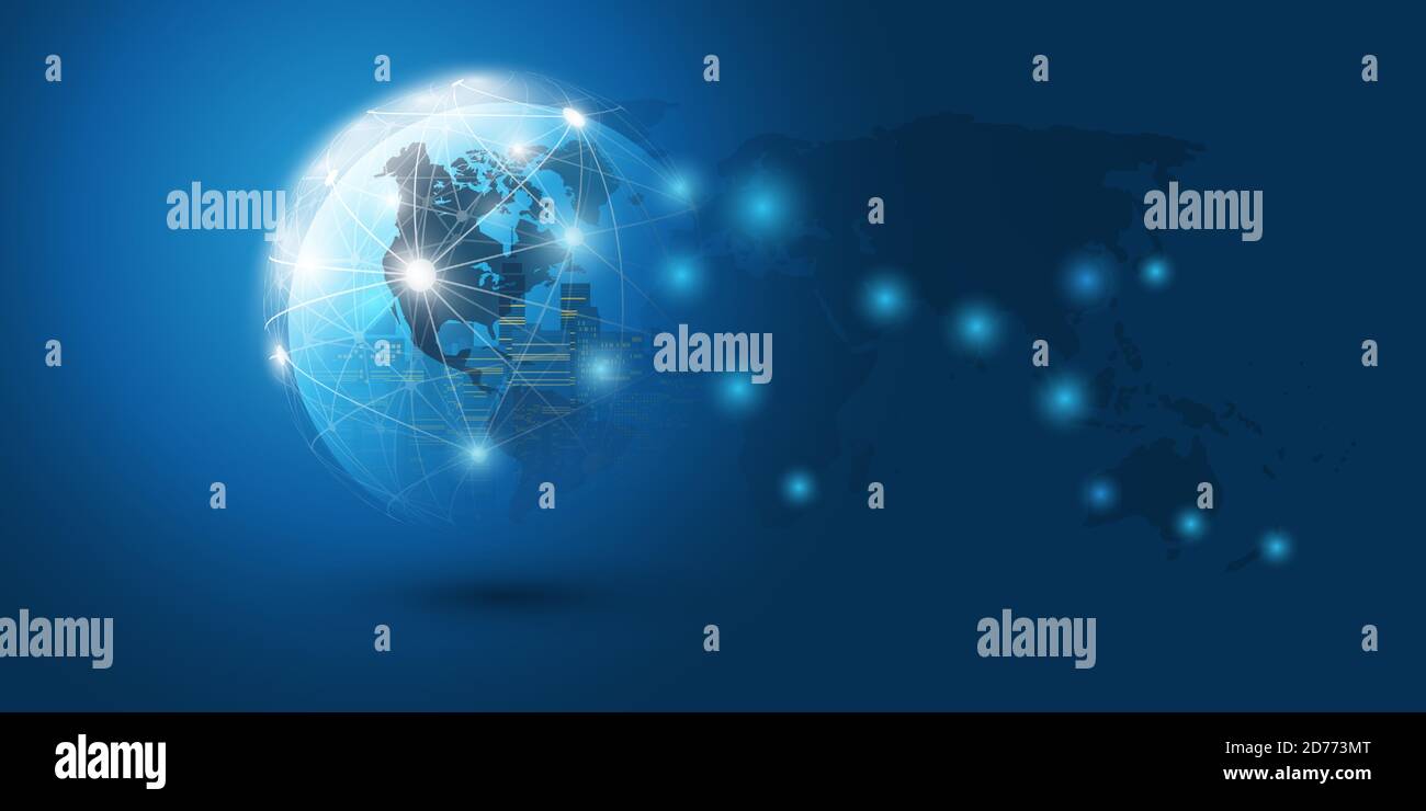 Smart City, Cloud Computing Design Concept with Wireframe and World Map ...