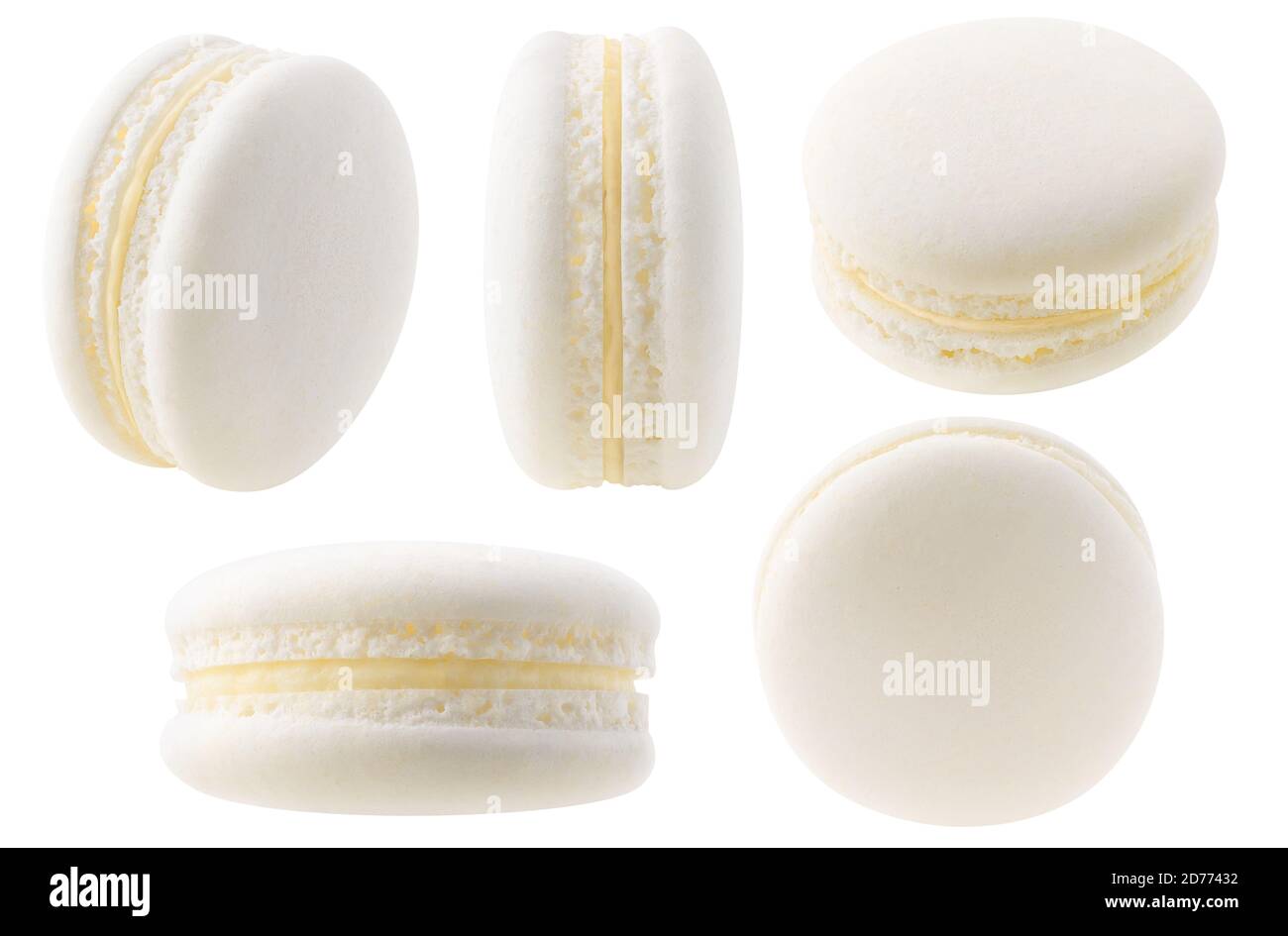 Isolated white macarons collection. Vanilla or coconut macaroon at different angles isolated on white background Stock Photo