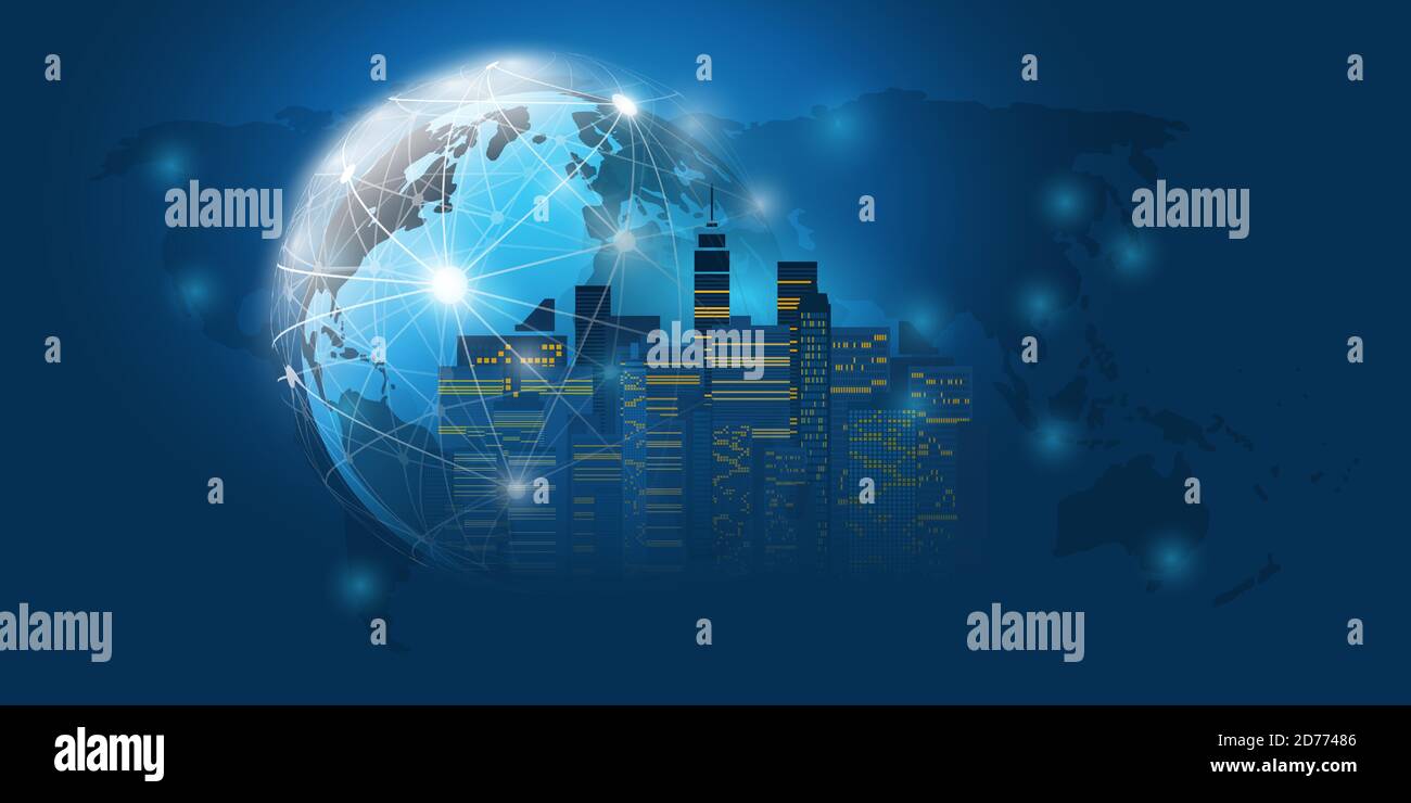 Smart City, Cloud Computing Design Concept with Wireframe and World Map ...