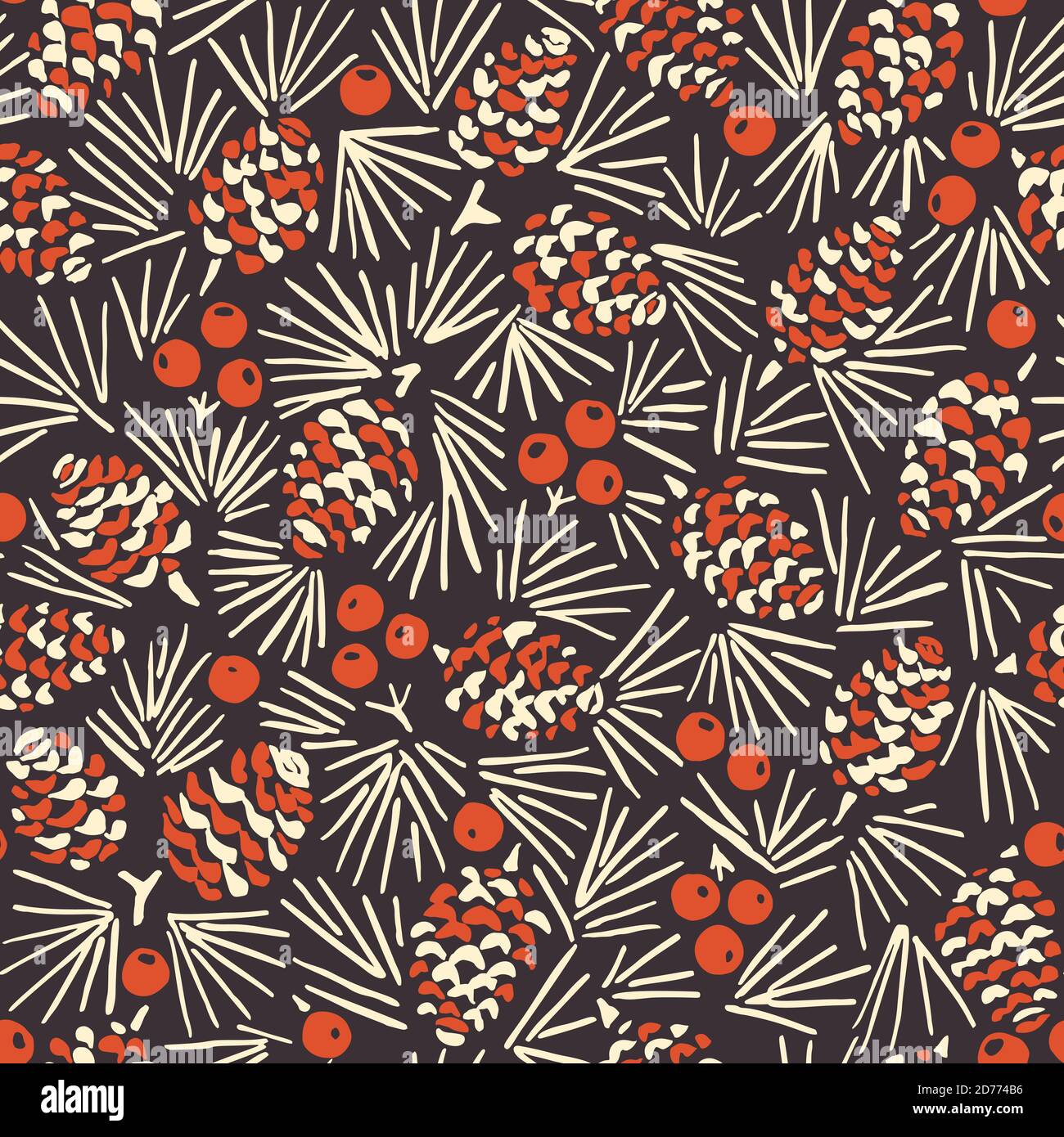 Hand Drawn Linocut Abstract Christmas Pine Cone Foliage Horizontal Vector Seamless Pattern Stock Vector