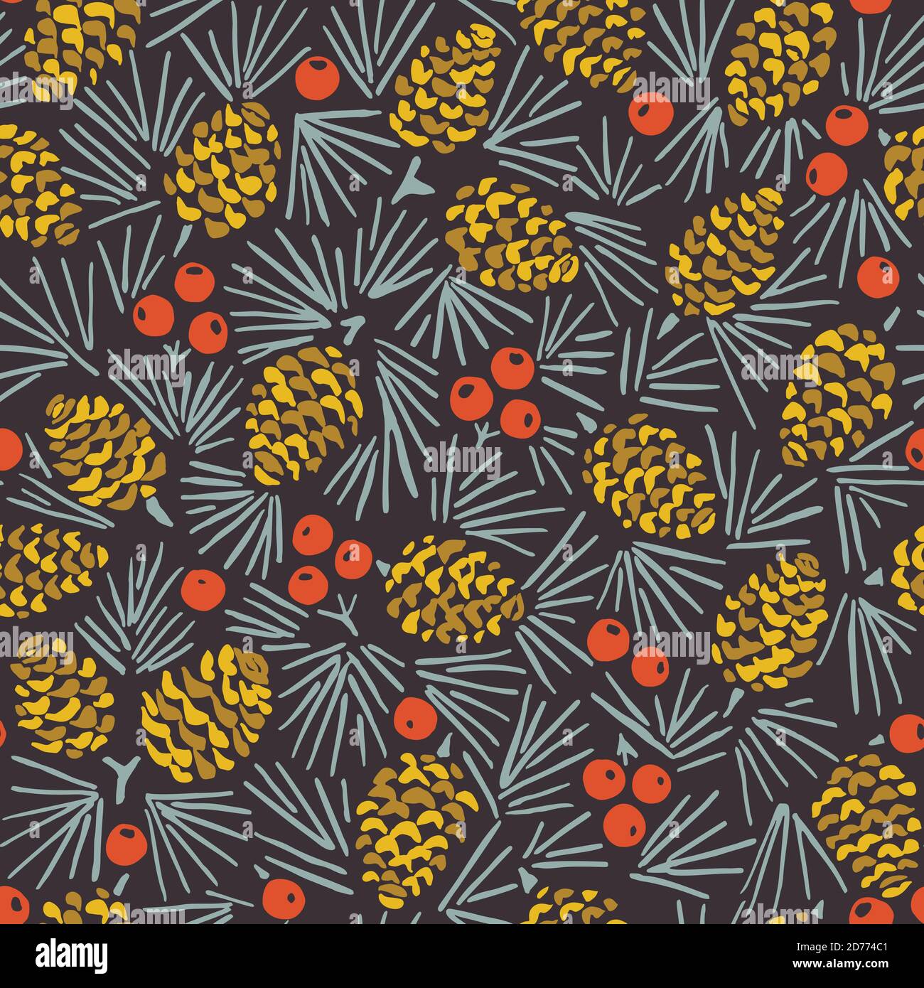 Hand Drawn Linocut Abstract Christmas Pine Cone Foliage Horizontal Vector Seamless Pattern Stock Vector
