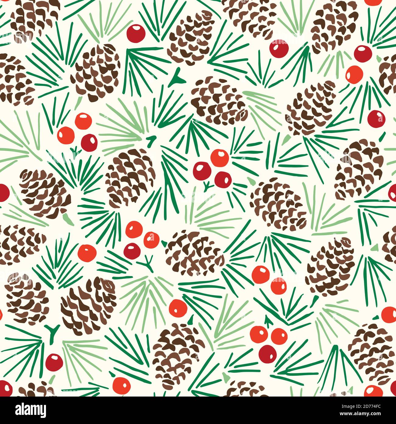 Hand Drawn Linocut Abstract Christmas Pine Cone Foliage Horizontal Vector Seamless Pattern Stock Vector