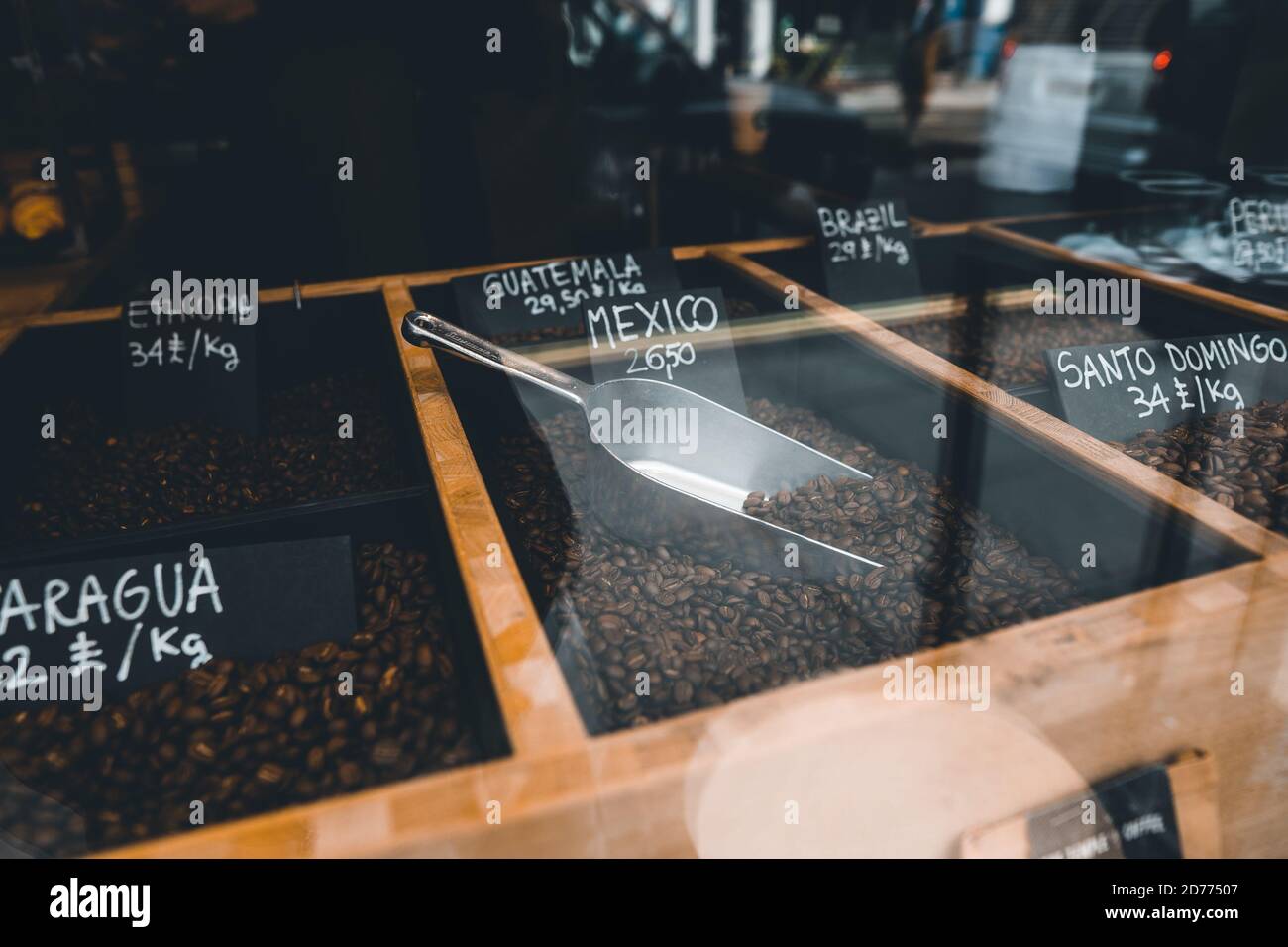 Coffee shop display for sale with coffee bean Mexio, Brazil, Santo