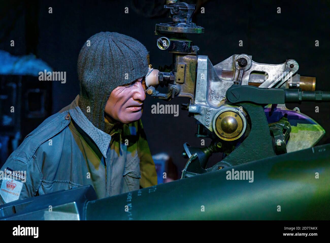 National Army Museum in Waiouru, North Island, New Zealand. Diorama of soldier aiming a howitzer gun in Korea. Stock Photo