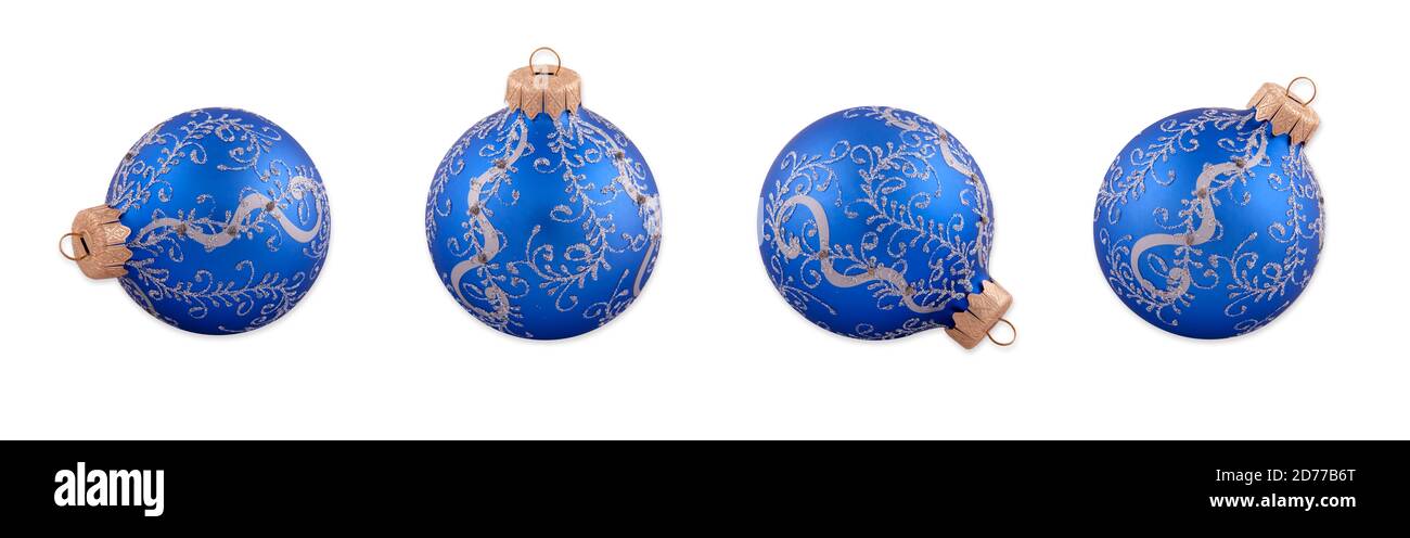 Christmas Balls blue with silver patterns on white background – panorama. Christmas decoration isolated Stock Photo