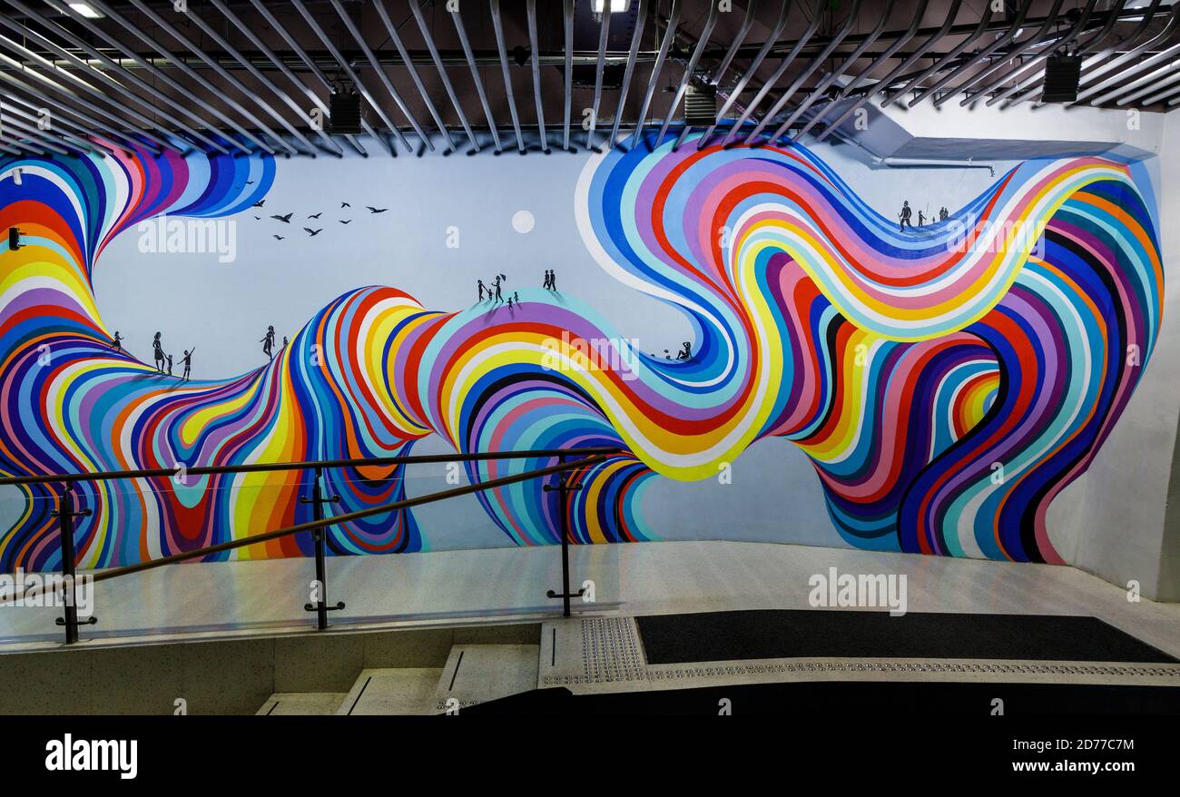 Rainbow coloured abstract mural by Gina Kiel at the Wellington Cable