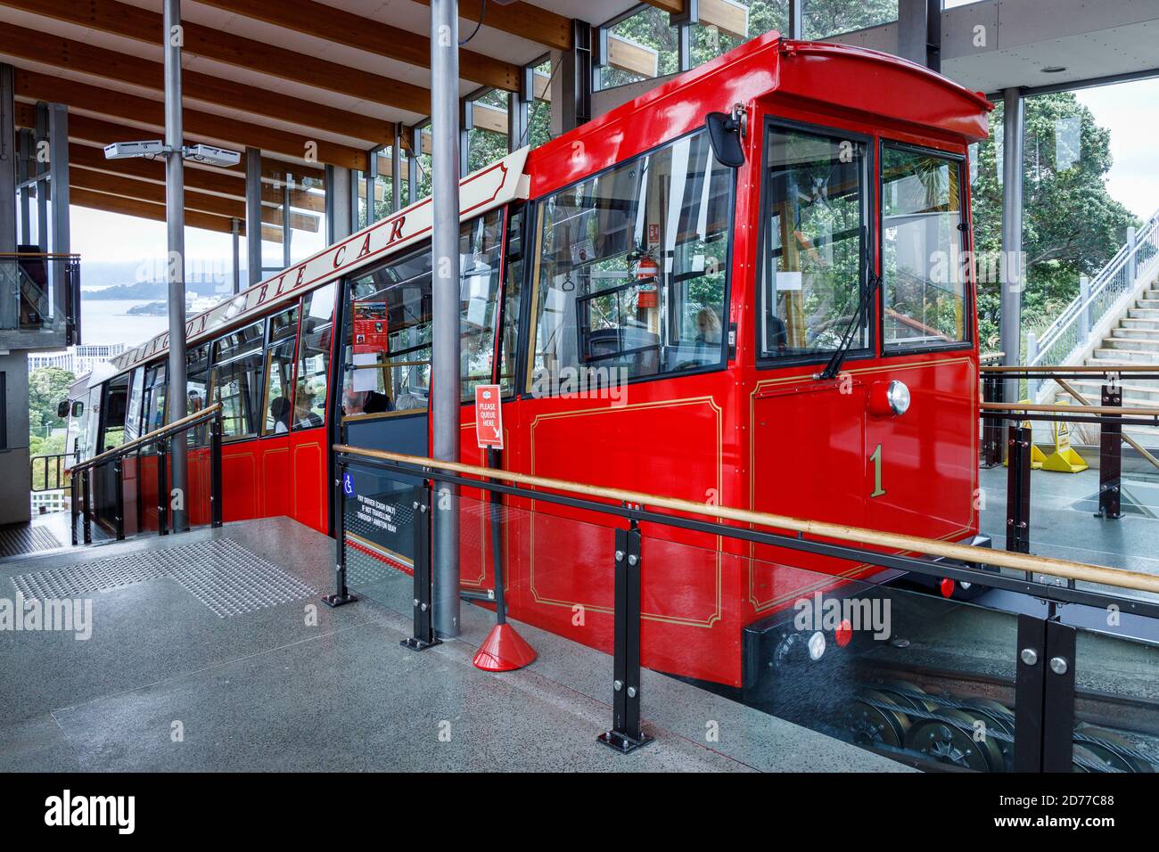 The Wellington Cable Car runs from Lambton Quay to Kelburn, overlooking the city, New Zealand. A funicular railway of approx 628 meters length. Stock Photo