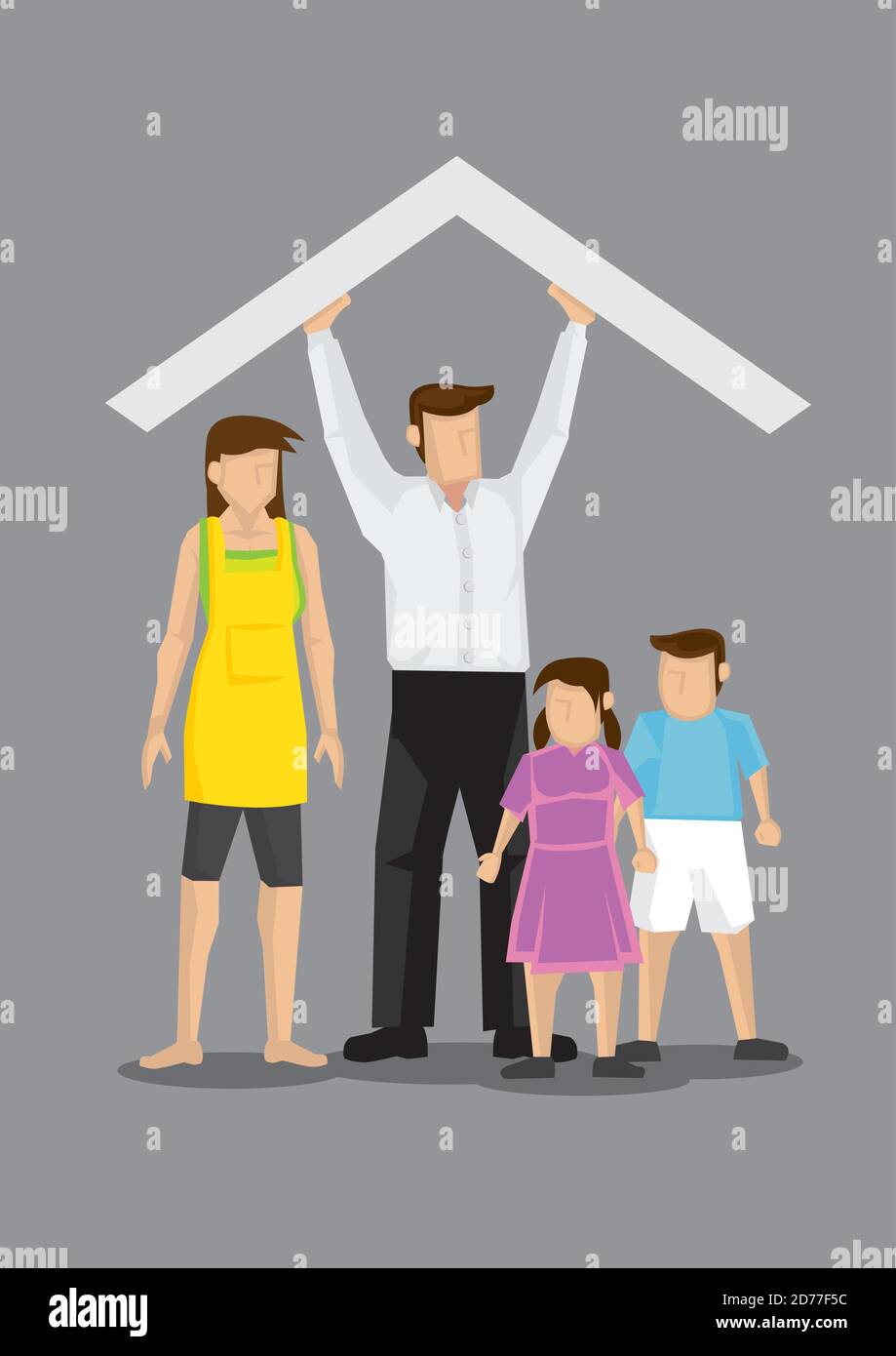 Cartoon man holding up a roof above his family with wife, son and daughter. Vector illustration of concept on man supporting family isolated on grey b Stock Vector