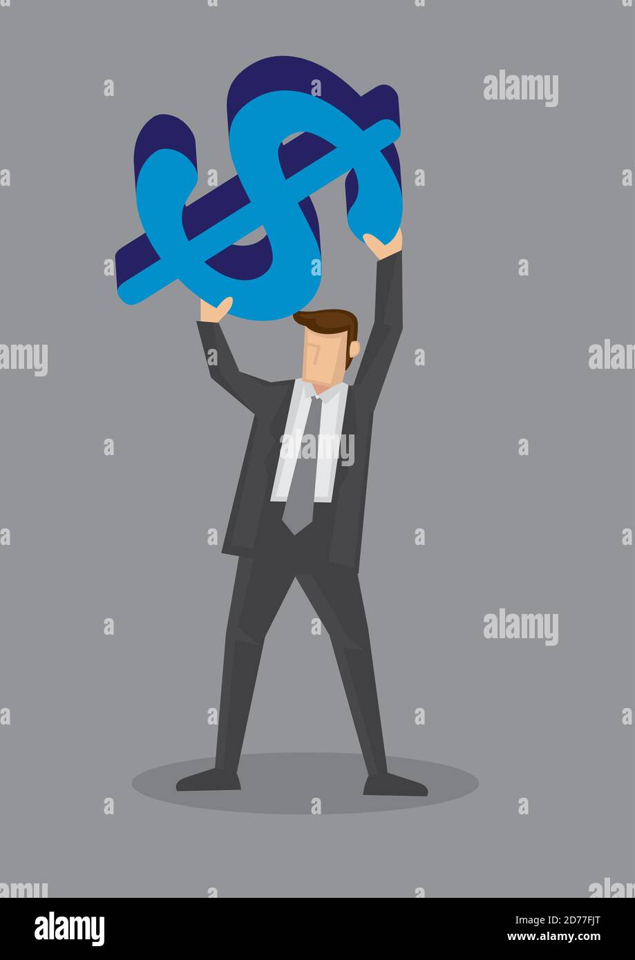 Cartoon man in business suit holding up a huge blue money symbol above his head isolated on grey background. Stock Vector