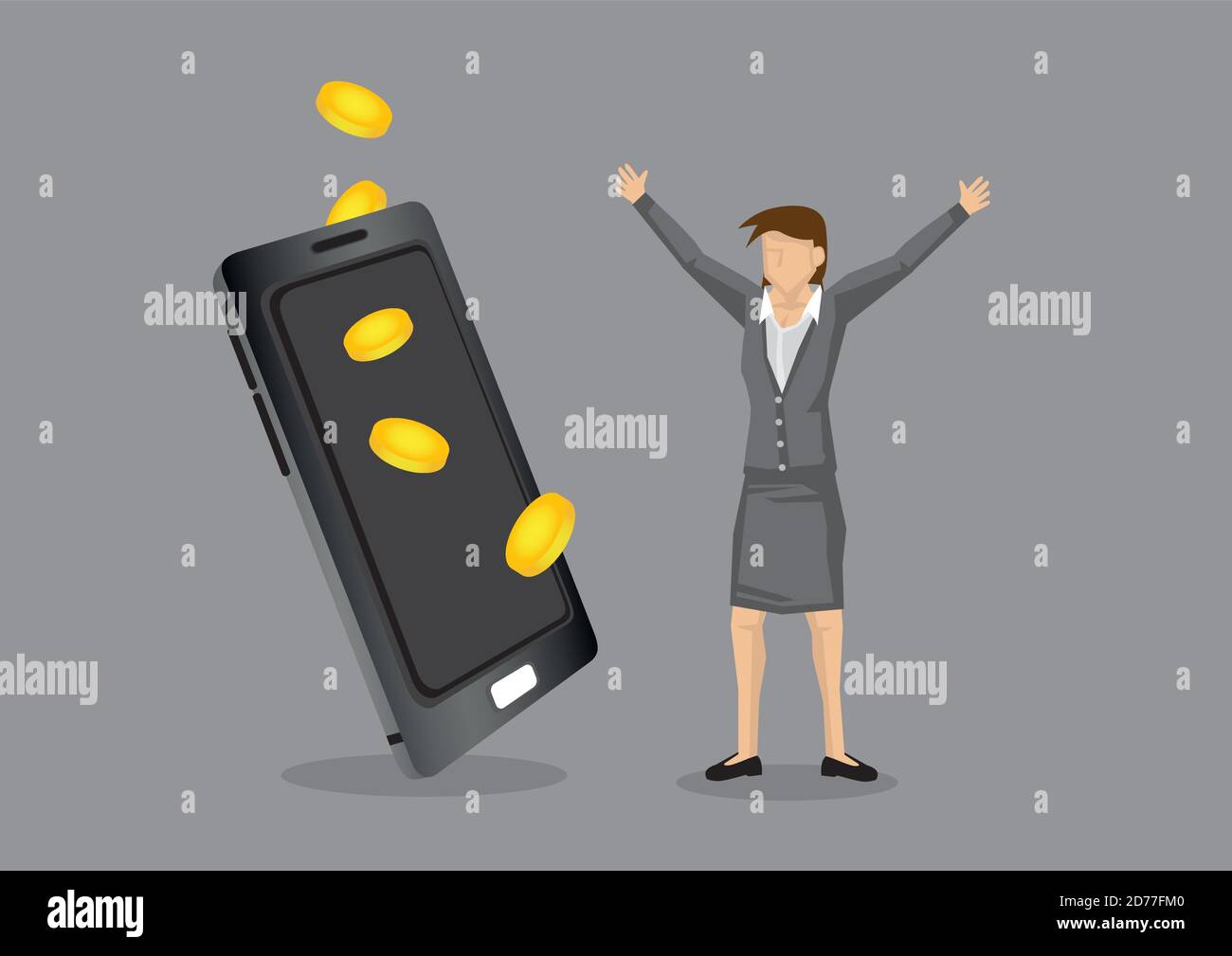 Cartoon businesswoman in happy gesture beside a huge hand phone with gold coins. Creative vector illustration using mobile phone to make money concept Stock Vector