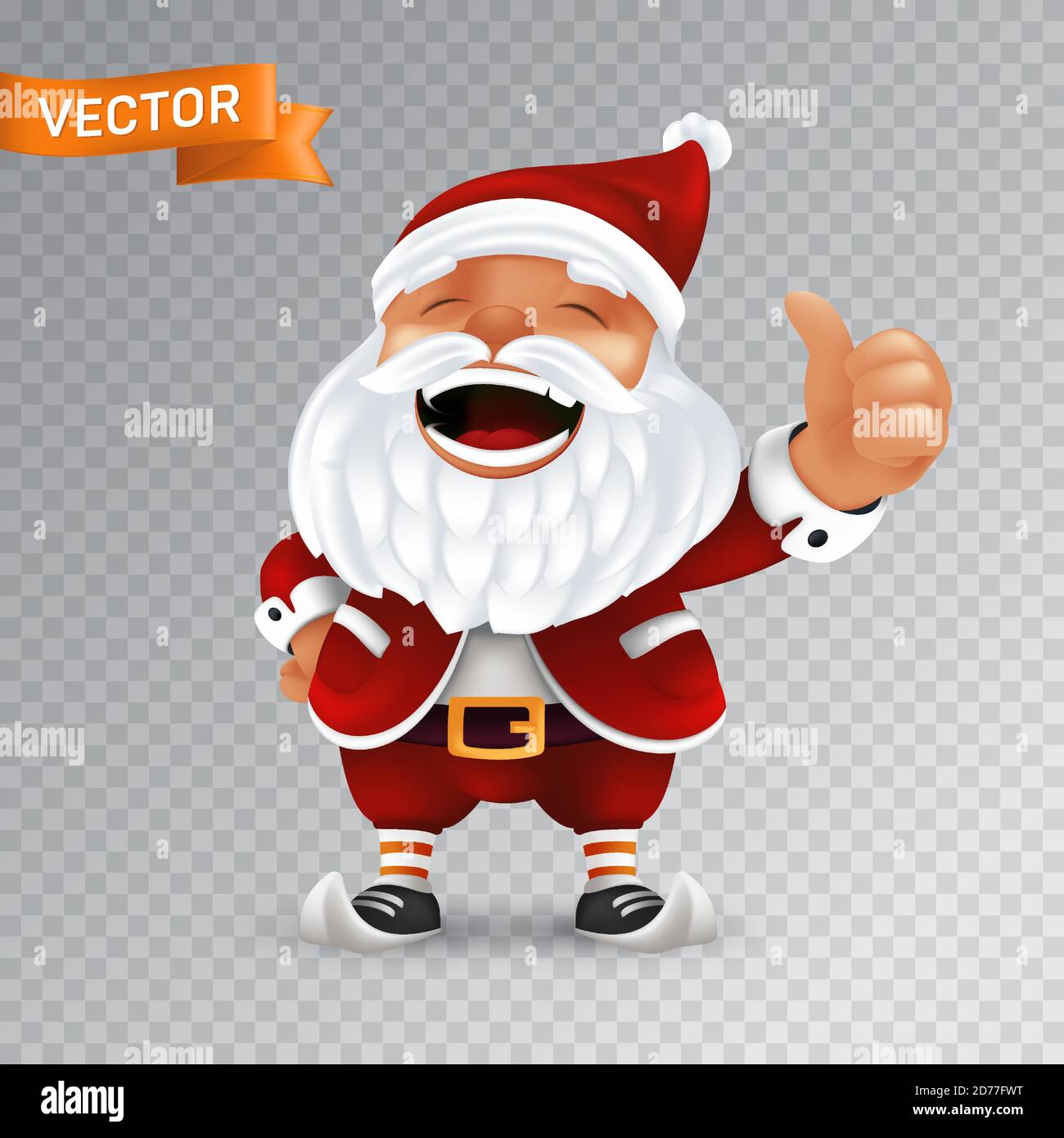 Funny cartoon little Santa Claus mascot without eyeglasses in a red hat with thumbs up. Vector illustration of laughing character with white beard iso Stock Vector