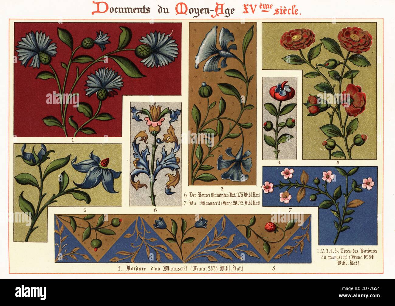 Decorative floral borders from 15th century illuminated manuscripts.  1-5 tires des bordures du manuscrit Franc. 54, Bib. Nat.,, 6 des Heures illuminess Latin 1175, Bib. Nat., 7 du manuscrit Franc. 20.072, Bib. Nat., 8 Bordure d’un manuscrit Franc. 2678, Bib. Nat. Chromolithograph designed and lithographed by Ernst Guillot from Ornementation des Manuscrits au Moyen-Age, XVe Siecle(Ornamentation from Manuscripts of the Middle Ages, 15th century), Paris, 1890. Stock Photo