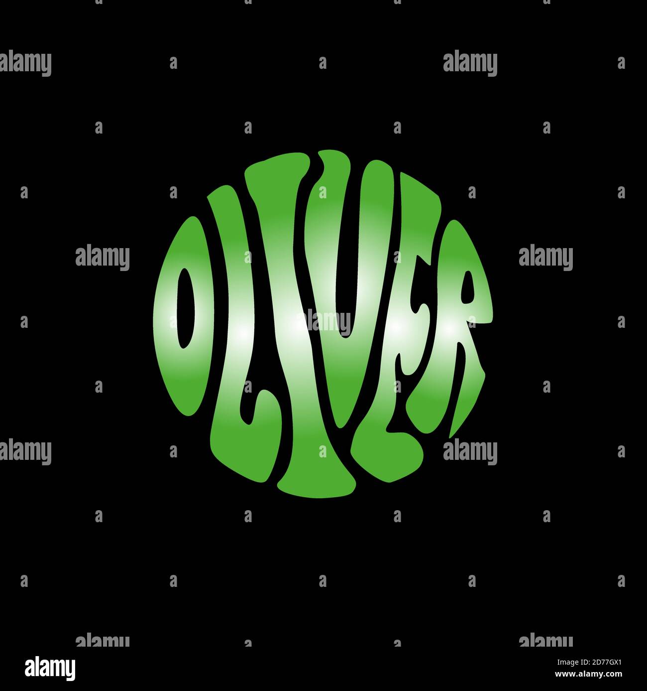 Oliver written in round shape lettering. Green oliver typography. Stock Vector