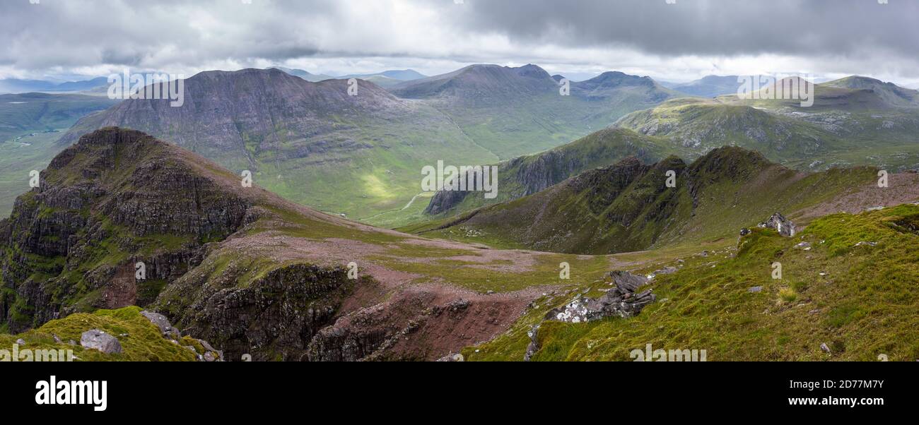 View south towards Gleann na Muice and the surrounding Fisherfield Munros, Fisherfield Forest, Wester Ross, Scotland Stock Photo