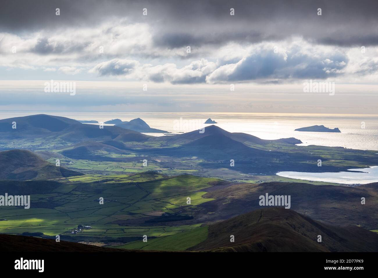 Looking West from Gearhane towards Cruach Mhárthain, Mount Eagle and the Blasket Islands on the Dingle Peninsula, County Kerry, Ireland Stock Photo