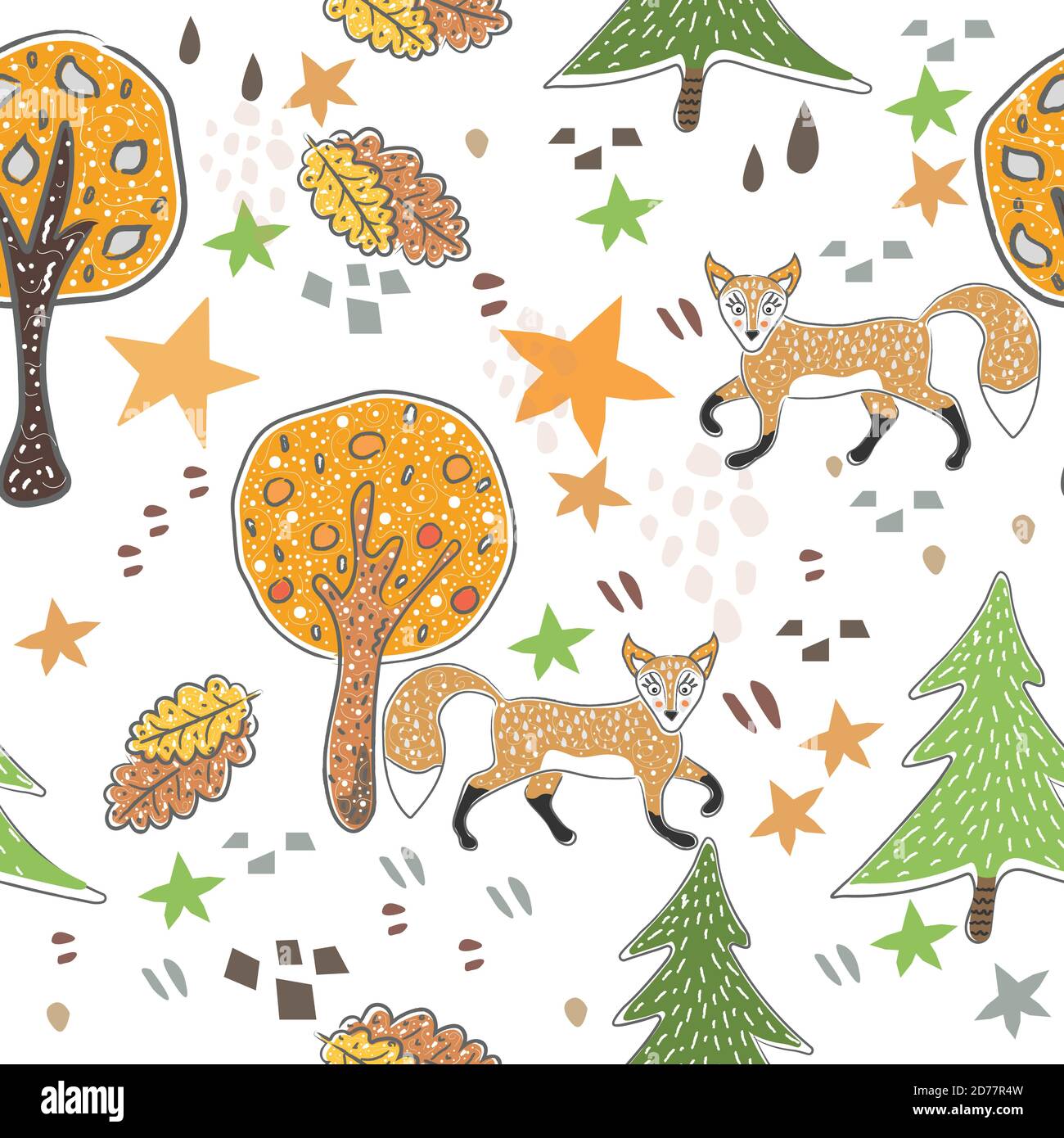 Seamless Pattern with cute hand drawn Fox. Scandinavian Style. Vector Illustration Stock Vector