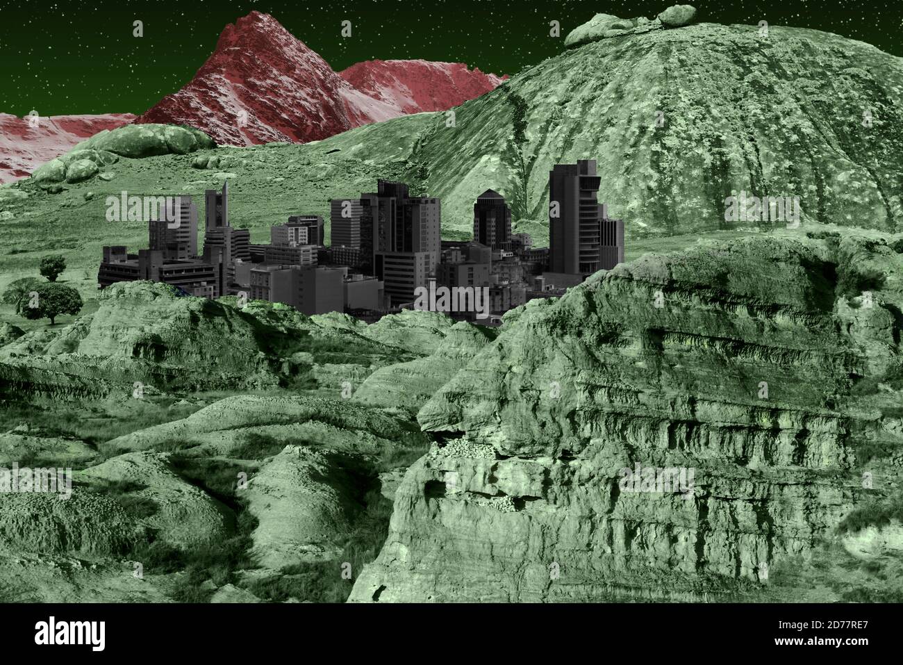 A fantasy image of an alien city on a mysterious world. Stock Photo