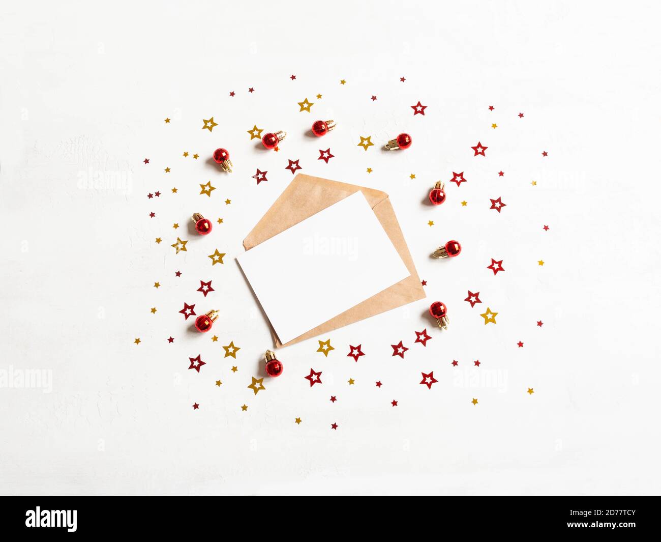 Download Empty Card On Craft Envelope And Various Christmas Decor On Texture White Background Holiday And Invitation Mockup Top View Stock Photo Alamy