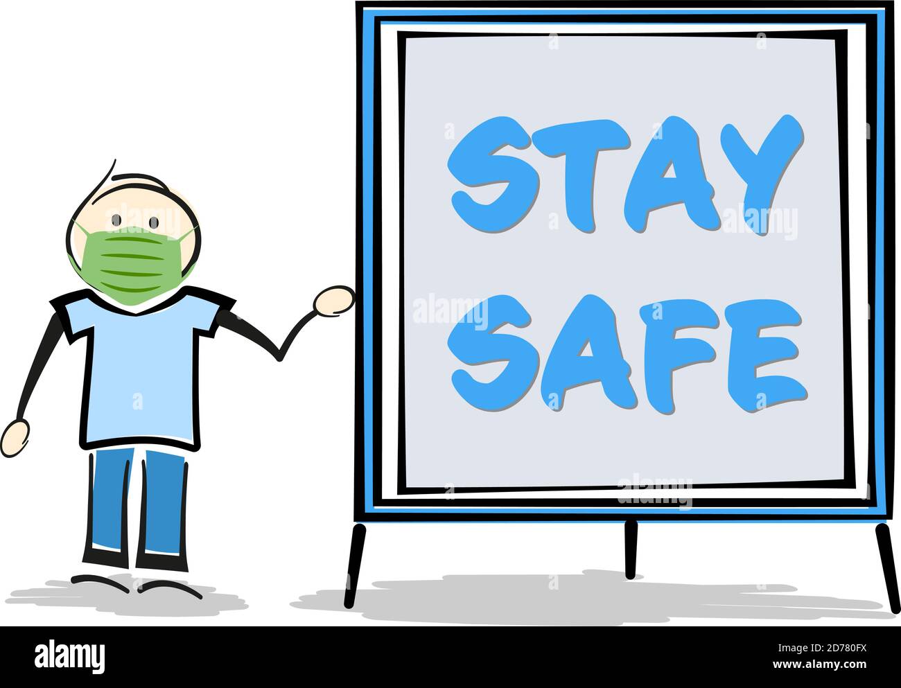 stickman wearing protective face mask holding sign with text STAY SAFE vector illustration Stock Vector