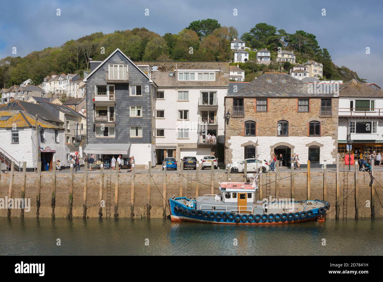Looe Cornwall, view in summer of waterfront shops and property sited in Quay Street in the harbour area of East Looe, Cornwall, south west England, UK Stock Photo