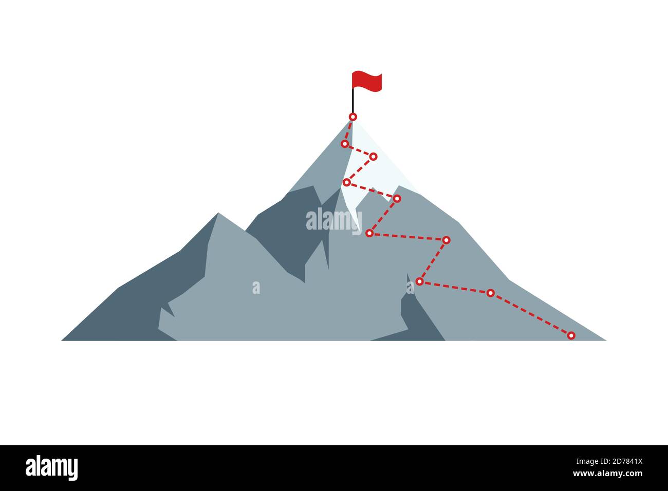 Mountain climbing route to peak with red flag on top rock. Business journey path in progress motivation and success target aspiration concept. Career mission goal direction vector eps illustration Stock Vector