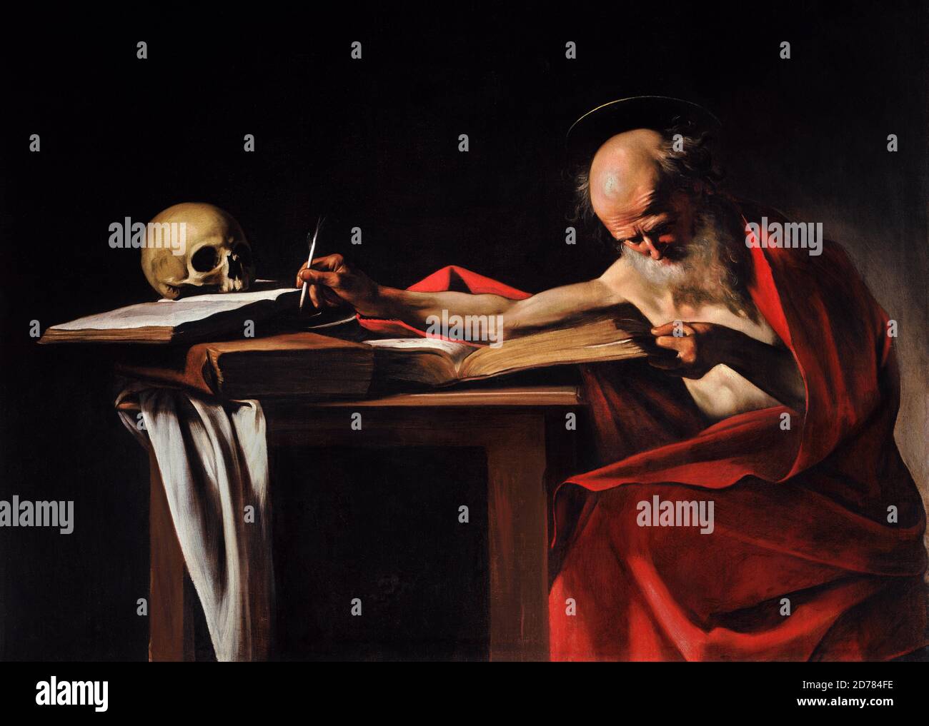 Title: St Jerome Writing Creator: Michelangelo Caravaggio  Date: c.1605 Medium: oil on canvas Dimensions: 112 x 157 cm Location: Galleria Borghese, Rome Stock Photo