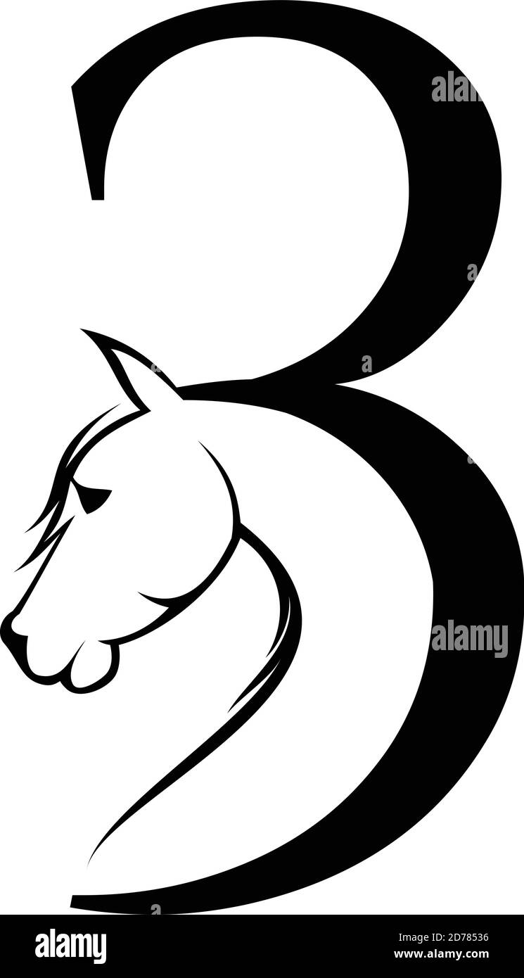 Simple, silhouette number three with head horse. Silhouette horse vector design. Vector illustration EPS.8 EPS.10 Stock Vector