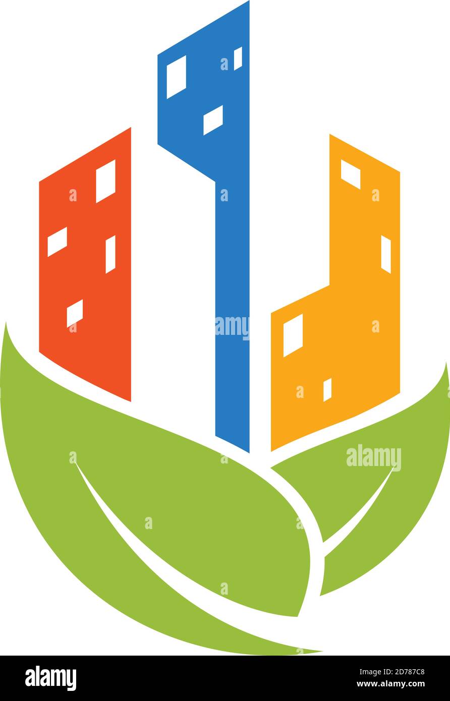 Colorful building and green leaf for business real estate company. Real ...