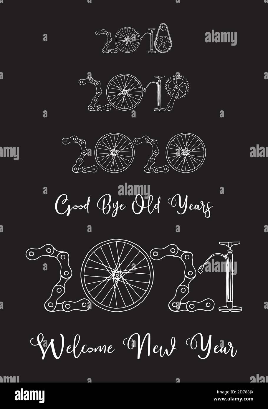 2021 Bicycle Happy New Year welcome vector card illustration on black background Stock Vector