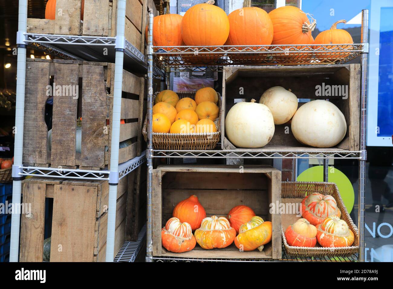 Pumpkins in grocery stores to buy for Halloween, in London, UK Stock