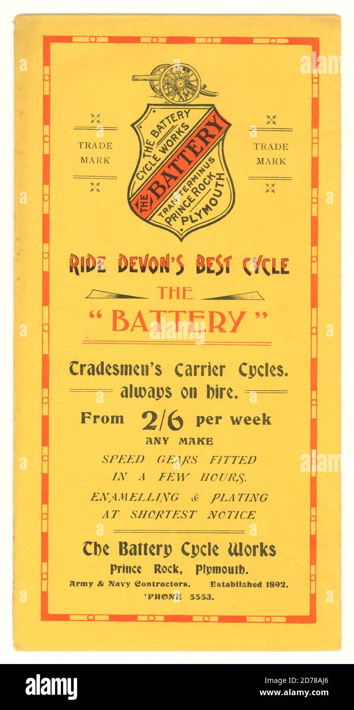 Original vintage cycling, printed brochure circa 1936 - for the Battery Cycle Works, Plymouth, Devon, U.K. Stock Photo