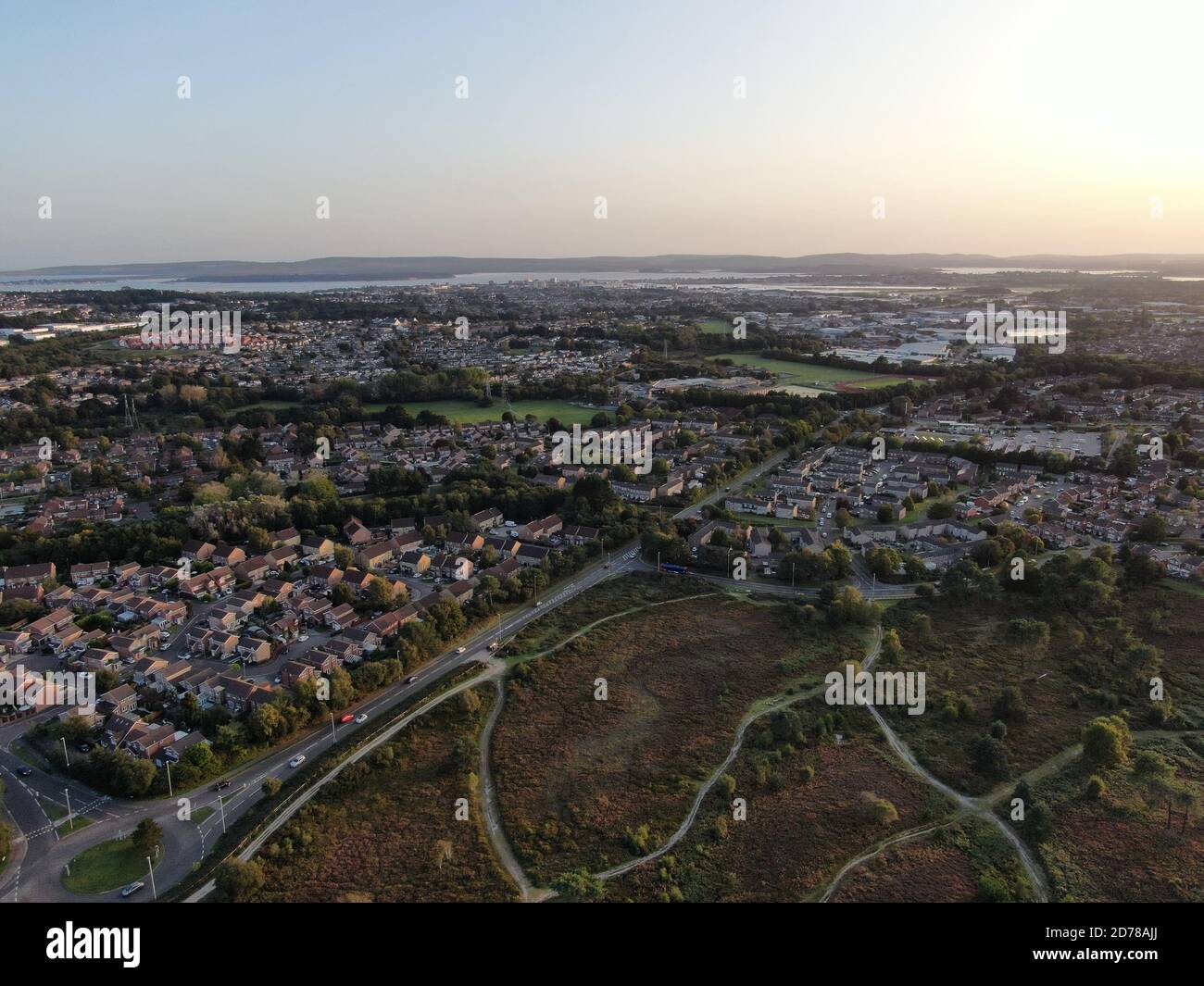 aerial view of Canford Heath in Poole UK showing modern housing, remaining heathland with Poole