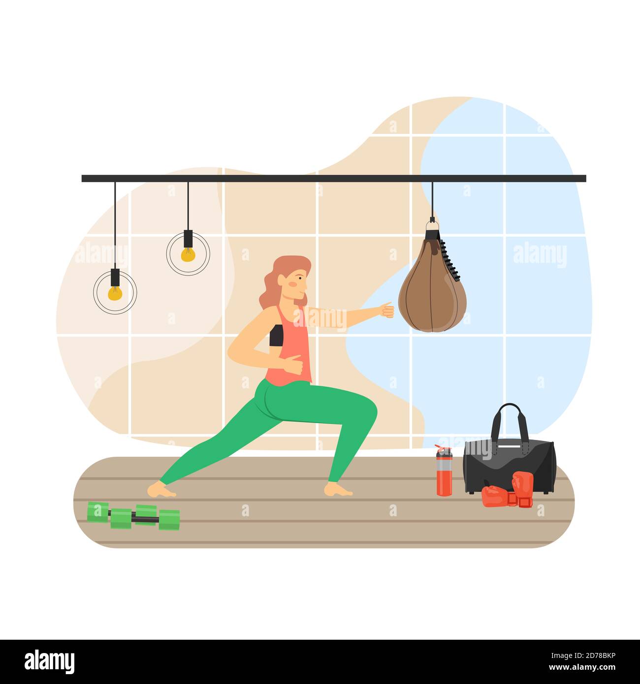 Sport and fitness activities. Young woman doing tae bo aerobic exercises, flat vector illustration. Tae bo gym workout. Stock Vector
