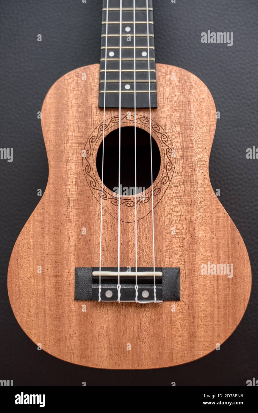 Brown ukulele on black background with shallow depht of field Stock