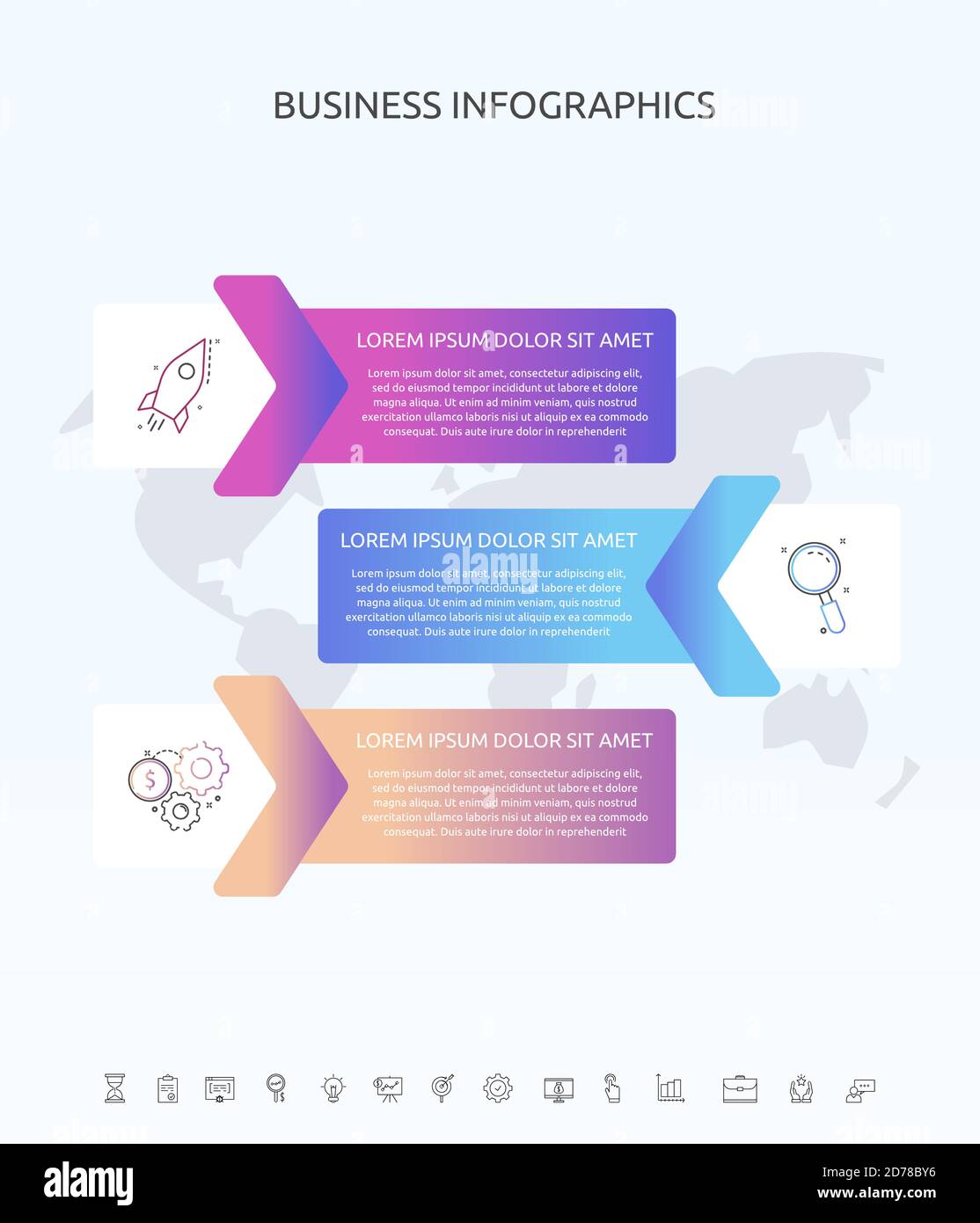 Infographics rectangles with three arrows, icons. Vector template used ...