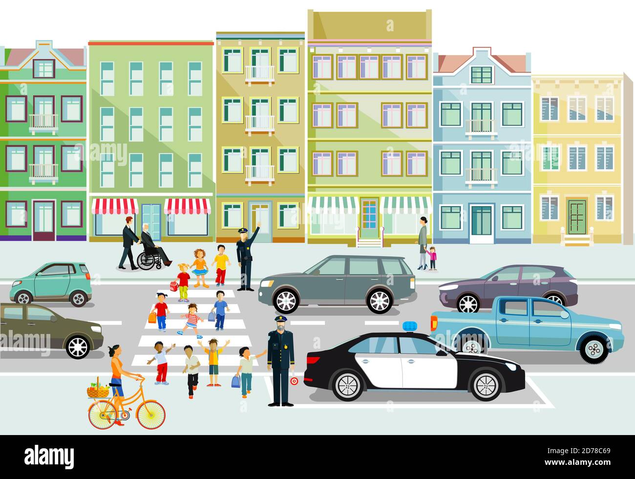 Children on the way to school at the pedestrian crossing Stock Vector