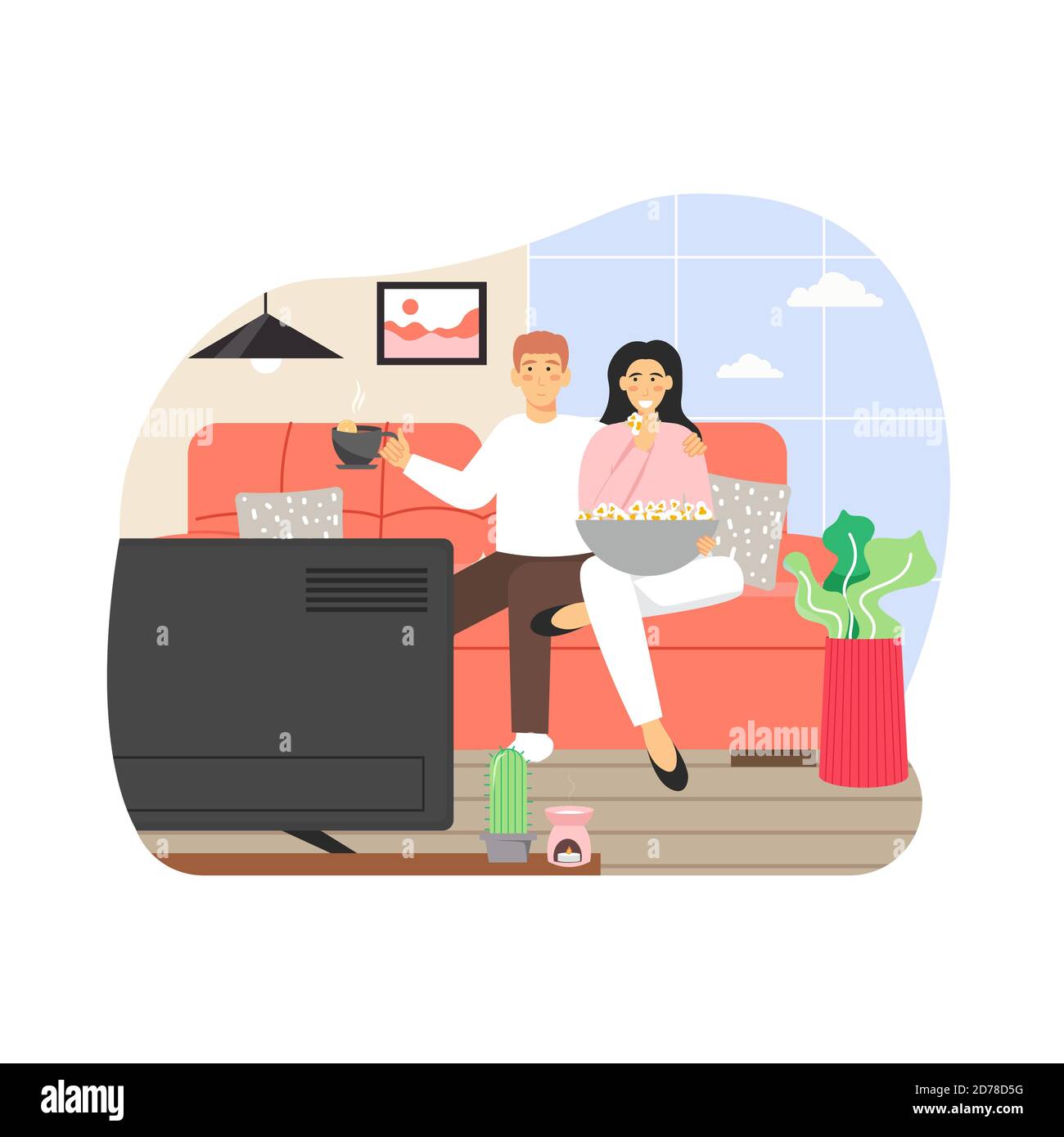 Happy couple spending free time at home. Man and woman watching tv together sitting on sofa, flat vector illustration. Stock Vector