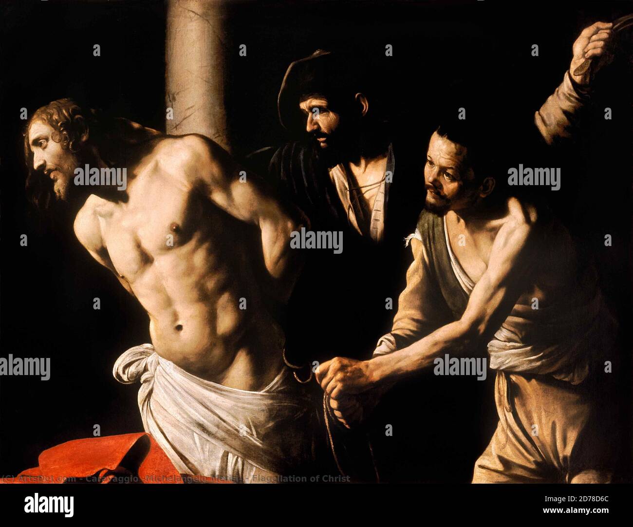 Title: Flagellation of Christ or Christ at the Column or the Scourging at the Pillar Creator: Michelangelo Caravaggio  Date: c.1589 Medium: oil on canvas Dimensions: 1,34x1,75 Location: Musee des Beaux-Arts, Rouen Stock Photo