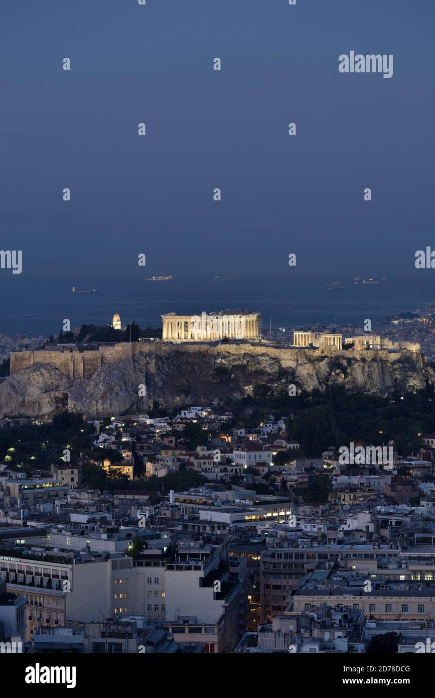 View of Acropolis in Athens under new illumination, from Lycabettus hill during dawn Stock Photo