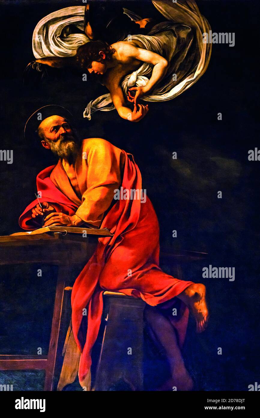 Title: Saint Matthew and the Angel (San Matteo e l'angelo Creator: Michelangelo Caravaggio  Date:  1602 Medium: oil on canvas Dimensions: 292 x 186 cms Location: San Luigi dei Francesi, Rome Stock Photo