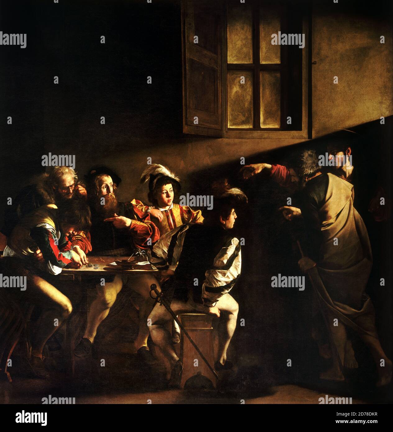 Title: The Calling of St. Matthew Creator: Michelangelo Caravaggio  Date:  c.1598-1601 Medium: oil on panel Dimensions: 328x348 cms Location: Contarelli Chapel, S. Luigi dei Francesi, Rome Stock Photo