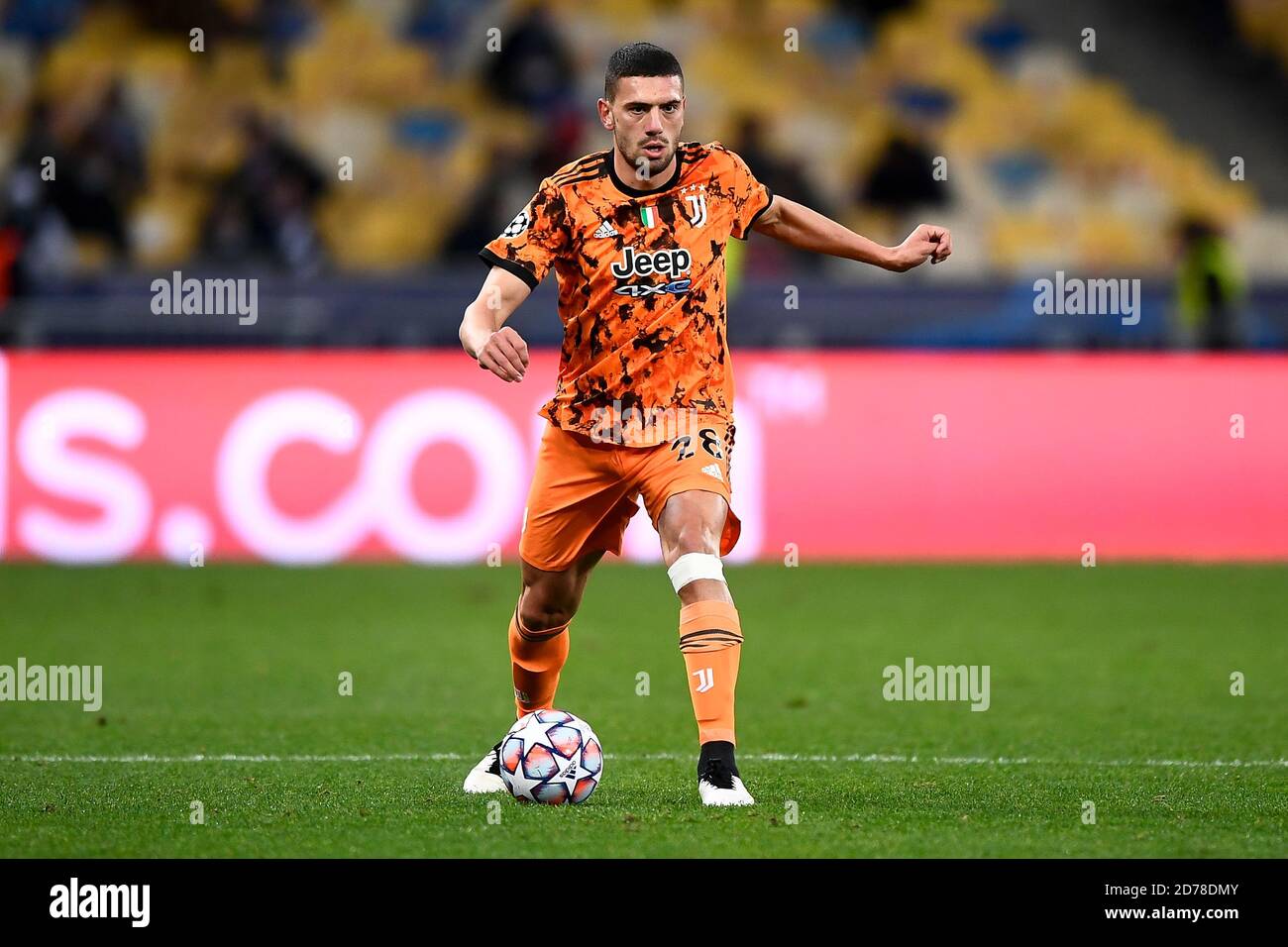 Kyiv, Ukraine - 20 October, 2020: Merih Demiral of Juventus FC in action  during the UEFA Champions League football match between FC Dynamo Kyiv and  Juventus FC. Juventus FC won 2-0 over