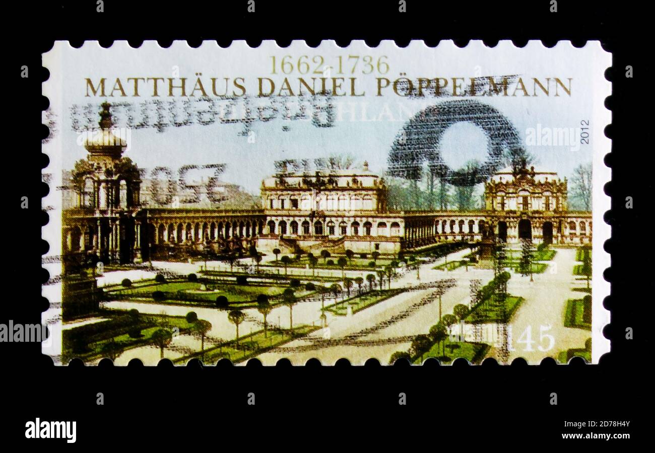 MOSCOW, RUSSIA - OCTOBER 21, 2017: A stamp printed in German Federal Republic devoted to 350th Birthday of Matthew Daniel Poppelmann, serie, circa 201 Stock Photo