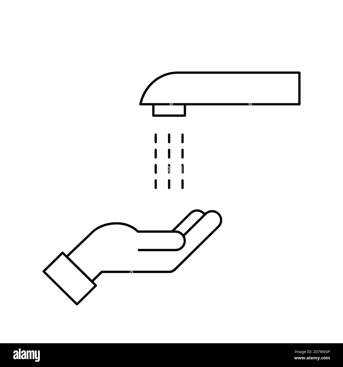 Automated touchless restroom faucet with sensor. No touch water tap with a hand. Line icon. Automatic touch free handwashing. Black outline. Vector Stock Vector