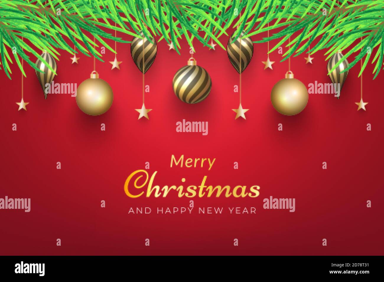 Christmas background with golden ornaments hanging on the tree. vectors for advertisements, banners, greeting cards, social media posts and more Stock Vector