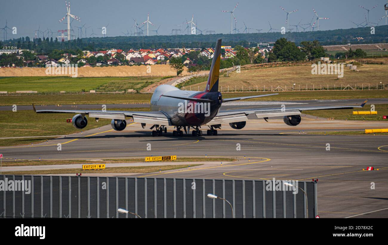 B747 of Asian Airlines is texing to the RW 16 in Vienna (VIE/LOWW) Stock Photo