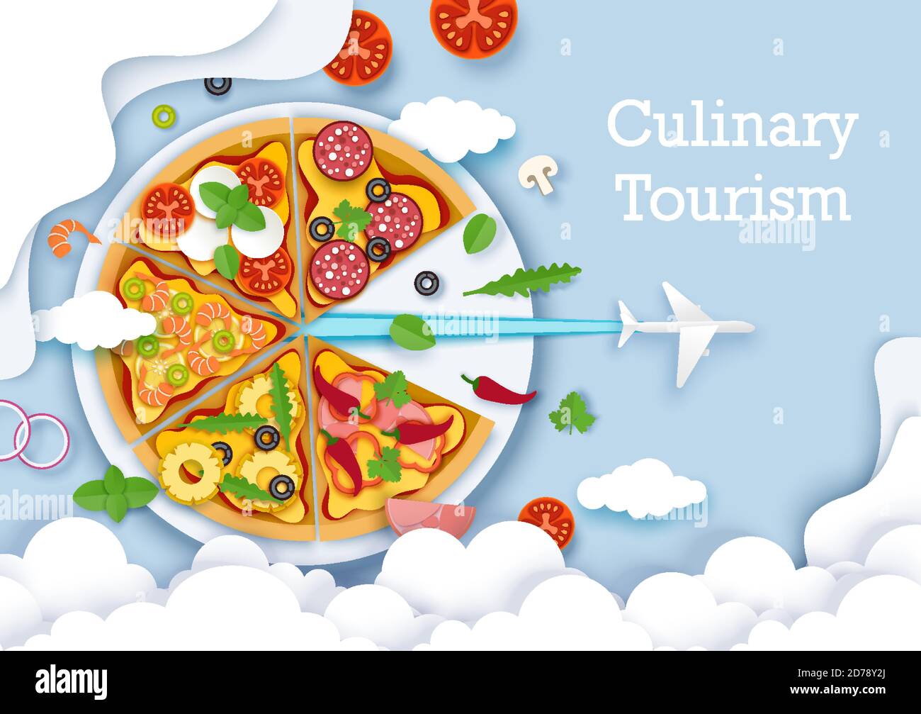 Culinary tourism vector poster, banner template. Paper cut plane flying